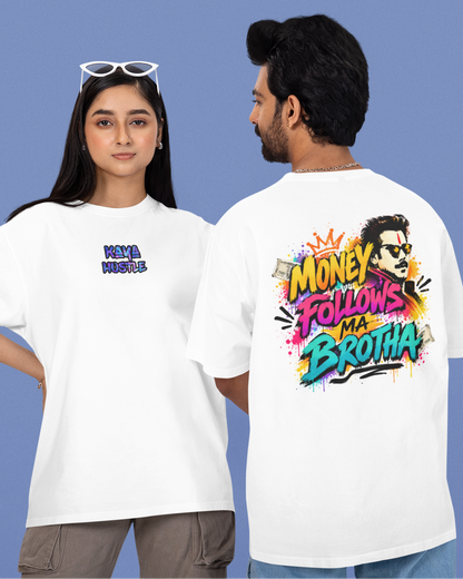 Two models wearing a white graphic t-shirt, showing both the front and back designs. The front features a small blue text graphic on the left chest, while the back features a large colorful graphic with the text 'MONEY FOLLOWS BROTHA' in a graffiti-style font with a cartoon character.