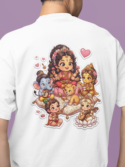 Cute Kawaii Baby Durga and Family Sticker Graphic - Unisex Oversized T-Shirt KayaHustle
